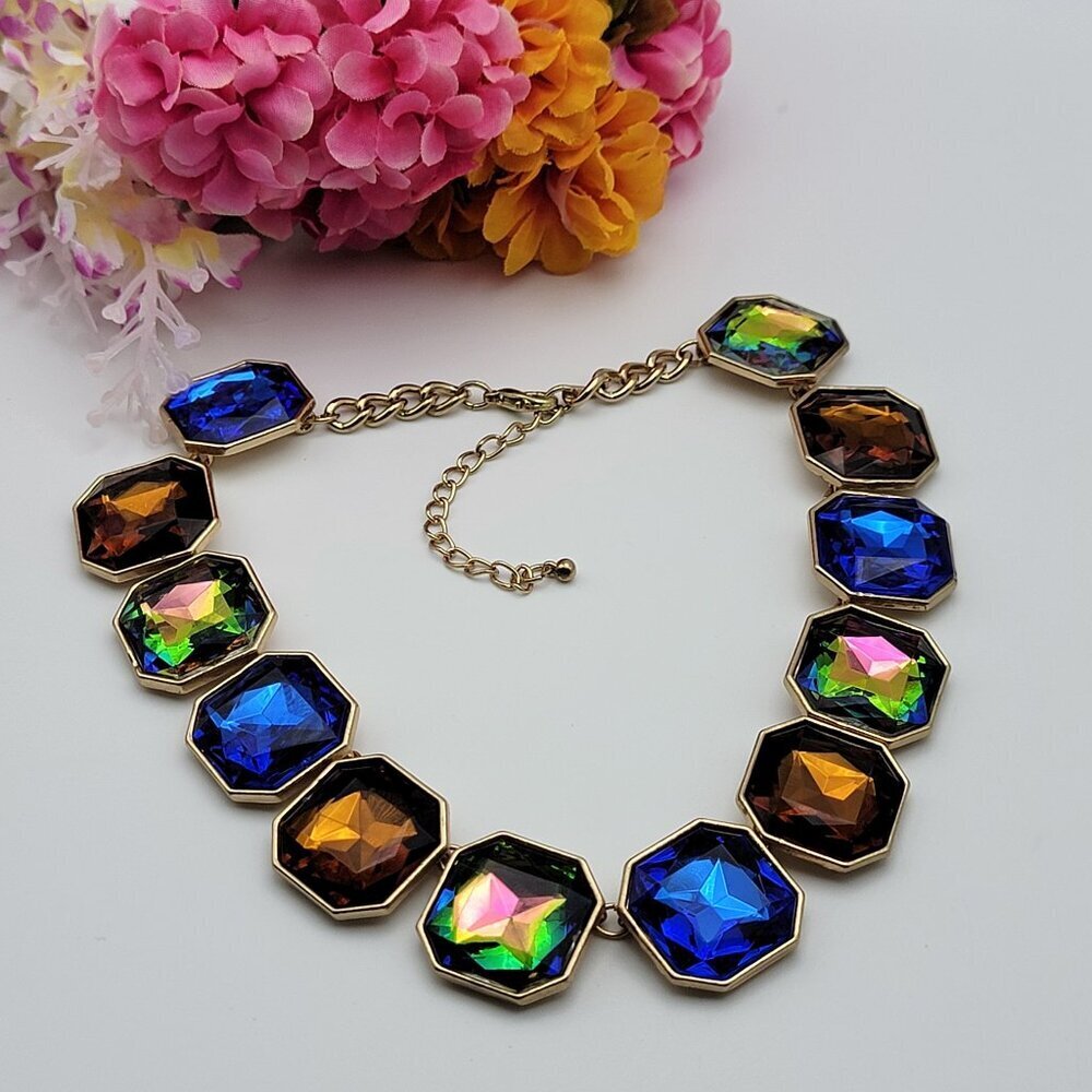 Gold Tone Chunky Multicolor Crystal Square Link Statement Collar Necklace 18 In